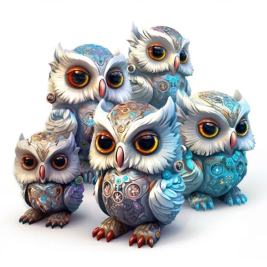 fantasy owl, fantastic owl, wallpaper owl, gods art, aion, Kawaii owl, wallpaper owl, gods art, aion, jewelry, A team of 6 supportive, curious, nerdy computer cats and robots, clipart by Sarah Anderson, pure white background