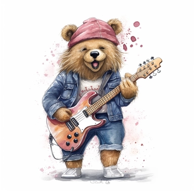 a watercolor of a realistic girl teddy bear singing, rock band style, vector free clipart illustration, in the style of unreal engine 5, 32k uhd, detailed features, white background