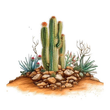Echinocactus cactus, planted in the earth, stimwave, clipart, inside border
