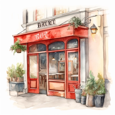 watercolor, hyper realistic, white background, white margins, 16k, ultra detailed clipart, cut out image, hand-drawn illustration style for picture books a bistro sign with warm red tones, welcoming diners to come inside