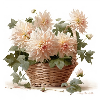 a simple gorgeous A basket arrangement with creamy peachy-light pink Café Au Lait Dahlia flowers, and green foliage on white background clipart, watercolor painting realistic, high quality, vibrant, Vicente Romero Redondo, Willem van Aelst