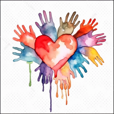 watercolor, hearts and hands - charity and volunteer organizations emblems and handmade businesses png Full body realistic cartoon in 32K UHD cute. 15 cm thick outline. Black color. There was no shadow on the ground. 8k with realistic watercolors and detailed illustrations. PNG clipart, transparent white background