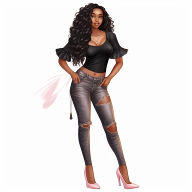 beautiful black teenage girl with beautiful long hair to her waist, dressed casually. Full perspective and, long shot A young black woman with full lips and a big beautiful smile, dressed for a date, has long hair and beautiful shapely legs, wearing heels, clipart in the style of digital airbrushing, feminine sticker art, dollcore, realistic face, realistic body, glamorous,