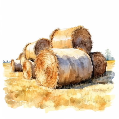realistic watercolor drawing of a bales of hay on a field, on a white background where the background will be removed to repurpose as a clipart.