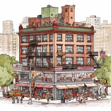 clipart de cafeteria de nueva york, acuarela, 16k, hiper minimalista, megapixel, full color, super detailed,insanely detailed and intricate, ultra detallado