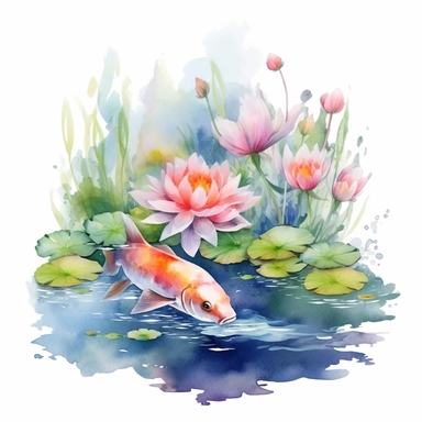 clipart, isolated on white background, Watercolor Spring pond with swimming colorful fish underwater, flowers, ornated, pastel colors