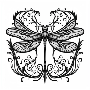 symmetrical dragonfly style fairy wings in art nouveau style, black lines, detailed, flat design, white background, clipart style, black and white,