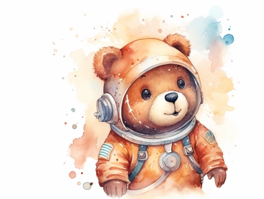 Space cute baby Bear Astronaut Watercolor Clipart, Space Nursery, warm color palette, super cute, 2d, vector, flat, isolated on white background, single image variant, precision line art, 16K megapixels UHD, focal point, cutecore, nurserycore