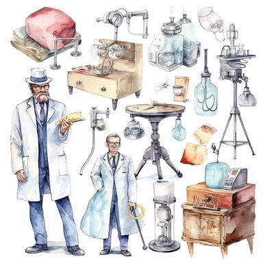 watercolor doctor related scenes , illustrations clipart set, simple, , cartoon elements ,different variants , nurse, doctor, stethtescope, mechanical body weighing scale, microscope, ,separate elements with a margin