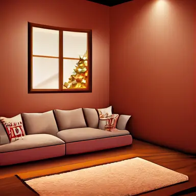Cozy 3D livingroom, brown furniture, christmas time, bookcase, white walls, high detail, epic detailed, very clear, colors, evironment, hyper realism, high details, octane render, unreal engine realistic, hd, Clean Cel vector art by Kuroko no Basuke , Sailor Moon and A Whisker Away, simple illustration, clipart