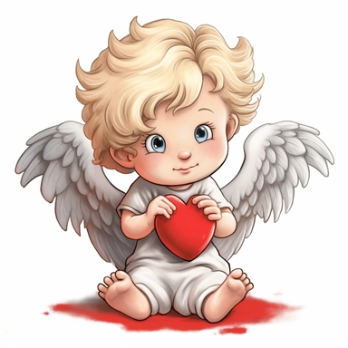 a happy cute little angel cupid a two year old, red heart in hands, style by Lusy Fleming, folk art, watercolor, clipart elements, smooth gradients, black contour outline, ultra detailed, white background, super clear, high quality