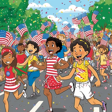 cartoon, clipart, 4th of July parade with black, asian, white and hispanic in the parade