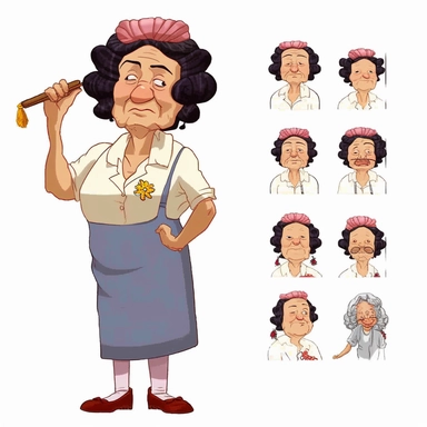 Happy smile + a landlady, game asset sheet, cartoon, clipart, isolated on white background, in the style of Gravity Falls, character sheet