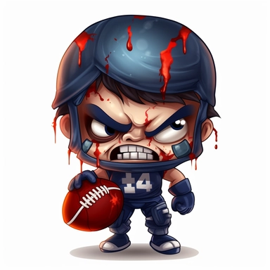 ClipArt of a chibi football player male with an evil smile Glowing red eyes, holding a grenade and a football, wearing a dark-blue ripped-up football, jersey, wearing a cracked football helmet, realism with a white background ar-- 2:3
