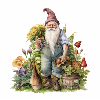 watercolor, hyper realistic, white background, white margins, 16k, ultra detailed clipart, cut out image, hand-drawn a cheerful gnome with a pointy hat, tending to a garden with colorful flowers and vegetables. earthy color scheme with shades of green and brown, pastel