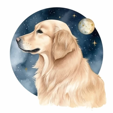 celestial watercolour Golden Retriever clipart, on white background, stars, nebula, moon, galaxy, soft colours
