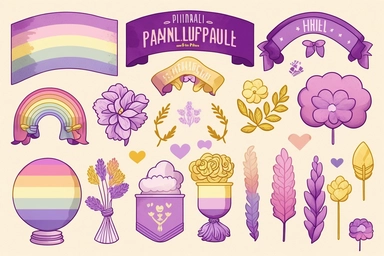 lgbt pride clipart, lgbt banners, flags, rainbows, in the style of light violet and light amber, hand-painted details, primitivist elements, bold gestures, light yellow and light pink, culturally diverse elements, use of precious materials