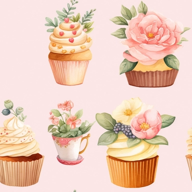 Draw a watercolor-style clip art images that feature objects related to an aesthetic adorned with floral designs. The images should have aesthetic, and should incorporate elements such as watercolor [gold] cupcake item collection, isolated on a white background, gourmet, classy, simple, graphics, clipart, procreate, 8k, 3D, realistic ipated with floral leaf designs, in the style of organic forms, muted tones, victorian-inspired illustrations, taxidermy, intricate patterns and details, ingrid baa