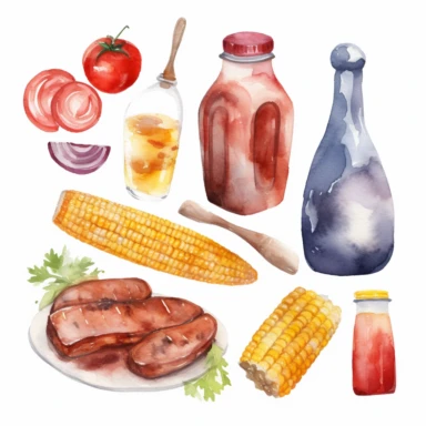 BBQ Watercolor Clipart. Summer Picnic Clipart. Meat illustration. Watercolor Barbecue clipart, Cooking, grill, steak, sausage, plastic ketchup bottle, plastic mustard bottle, corn, Food clipart PNG