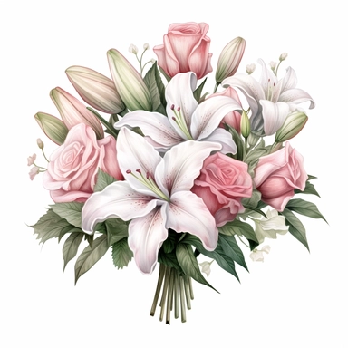 a bouquet of bright white lilies with pink rose buds, color pencil sketch on a white background for clipart