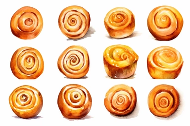 watercolor cinnamon rolls clipart, hd, white background, spaced out