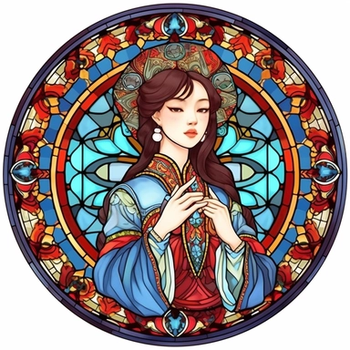 Vintage Cute Beautiful Round Stained Glass Korean fashion girl Sublimation Clipart, Cartoon, hyper realistic, intricate detail, illustration style, high solution, on the white background