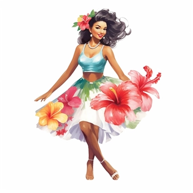 on isolated white background Watercolor Hawaiian flowers,A woman hawaiian doing a luau on a beach, retro cartoon, drawing clipart, Tropical Sublimation, Coconut Girl, Hibiscus, ultra detailed, 8k, 300 dpi,