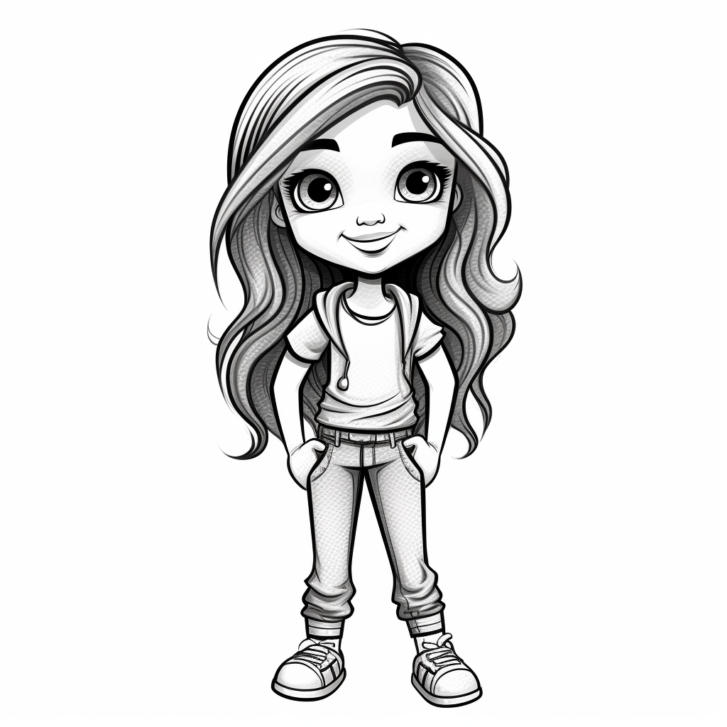 girl doll style smiling, black contour thin lines, arms crossed, jeans ...