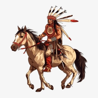 white background. clipart, Native American warrior on horseback with a feather headdress and a bow.