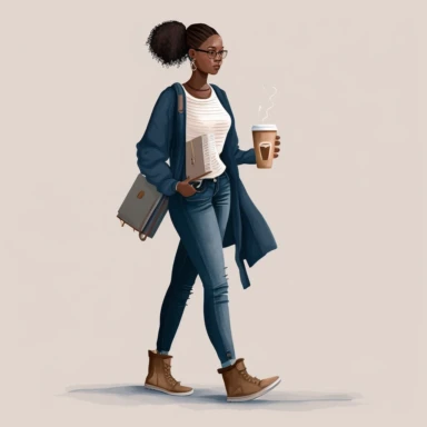 A black woman holding a coffee tumbler and two books from the front Cozy blush, navy blue, and white, causal shirt and jeans clipart png 4k, 8k