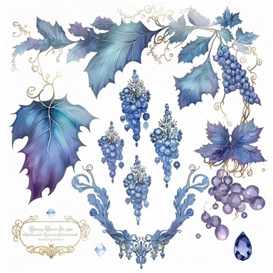 blue rococo grape jewels icicles watercolor clipart