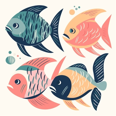 4 cute pastel illustrated tropical fish, block pastel colours, block colours, bold lines, flat colours, bold shapes, 70's illustration style, isolated white background, in the style of henry matisse cut outs, clipart