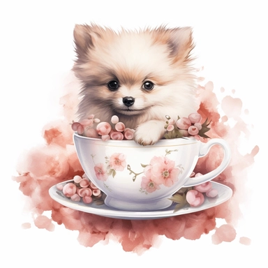 ink color illustration of a cute pomeranian puppy sitting in a teacup, watercolor floral elements and pearls, clipart white background 8k