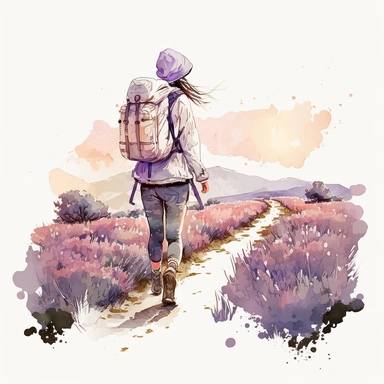 water color girl hiking in a lavender field in summer, at sunset on a windy day, light pink colors, she is wearing boots and backpack, realistic look, clipart, hd, white background