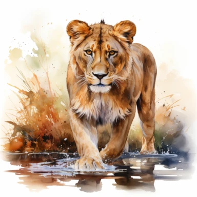 hyperrealistic ultra detailed watercolor clipart, lioness in water, isolated on white background, in the style of digital print, clipart, illustration, sticker, ultra high definition, rich details, 32K, HD