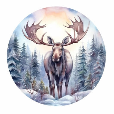 christmas moose, watercolor, clipart, moonlight, forest