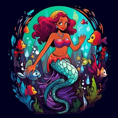 a clipart art T-shirt design black African American magical color colorful mermaid of the the sea cartoon Disney Pixar