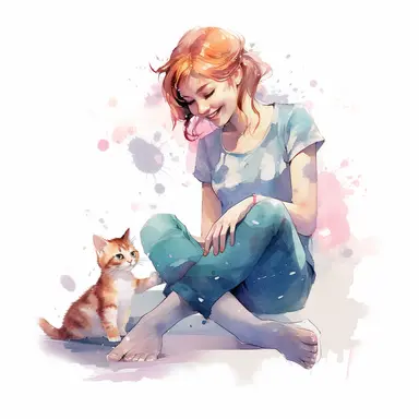 An illustration of a girl happily playing with a cute kitten, capturing the joy of their interaction, pastel colors, white background, watercolor splash, clipart, by Jack Hughes