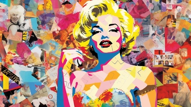Visualize a vibrant mixed media magazine collage artwork inspired by the 60s pop art movement, with Marilyn Monroe as the central focus. The portrait of Marilyn Monroe is created using carefully cut-out magazine clippings that are meticulously arranged to form her iconic image. The colors are bold and saturated, typical of the pop art style, with vibrant pinks, yellows, and blues. The background incorporates collaged elements from vintage magazines, such as comic book panels, advertisements, and