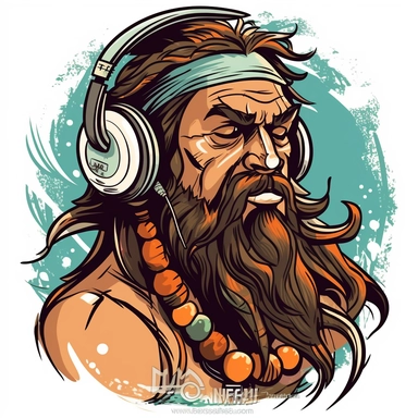 GRAFFITI CLIPART logo of a caveman's spirit coming out of his belly to place headphones on his head, color