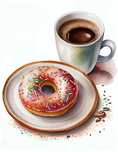 detailed watercolor a dougnut on a plate beside a cup of coffee, isolated on a white background, realistic, clipart