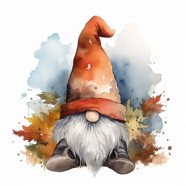 a gnome hiding his face under hat, hat from top of nose, cute watercolor gnome clipart, thanksgiving elements around the gnome