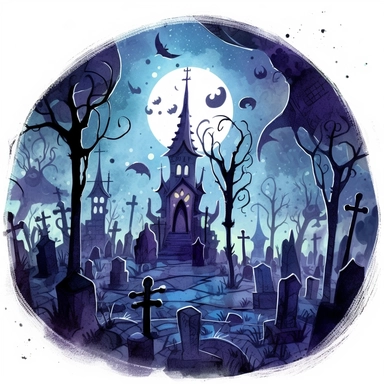 halloween graveyard by tim burton, watercolor, clipart, white background, grotesque, sketchfab, under the moonlight, eerie color scheme, dark scary colors, closeup