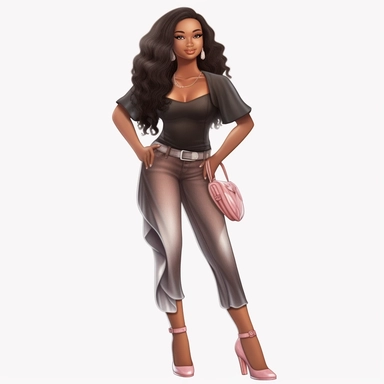 beautiful black teenage girl with beautiful long hair to her waist, dressed casually. Full perspective and, long shot A young black woman with full lips and a big beautiful smile, dressed for a date, has long hair and beautiful shapely legs, wearing heels, clipart in the style of digital airbrushing, feminine sticker art, dollcore, realistic face, realistic body, glamorous,