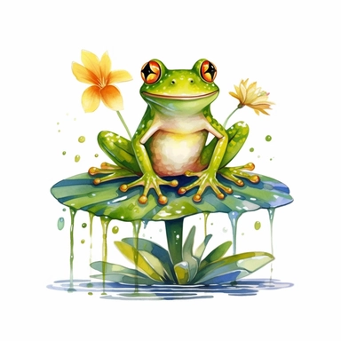 Watercolor Frog on a lily pad catching a fly with its tongue cartoon style , Frog clipart, simple style