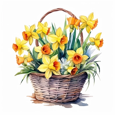 a watercolor basket filled with daffodils with leaves, clipart, white background, high detail, bold color, hd, 32k