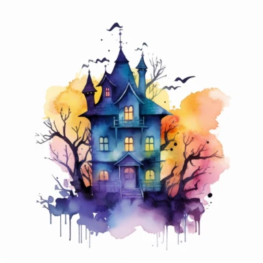 cute haunted house silhouette, watercolor, clip art, white background