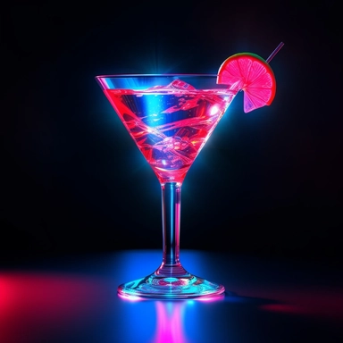 Classic cosmopolitan, no ice in the glass, bold colors, retro neon style, photorealistic, high-resolution photography, transparent background PNG clipart – ar 16:9