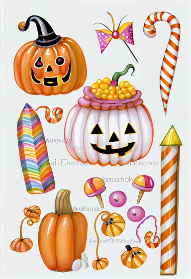 a whimsical art collection on white background with margins, pumpkins, candy corn, Halloween, clipart,