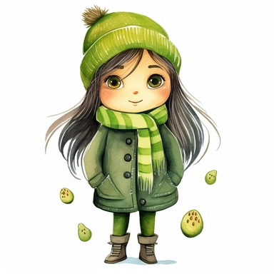 a happy little cute girl in a five-year-old, avocado green, winter, style by Lusy Fleming, folk art, watercolor, clipart elements, smooth gradients, black contour outline, ultra detailed, white background, super clear, high quality